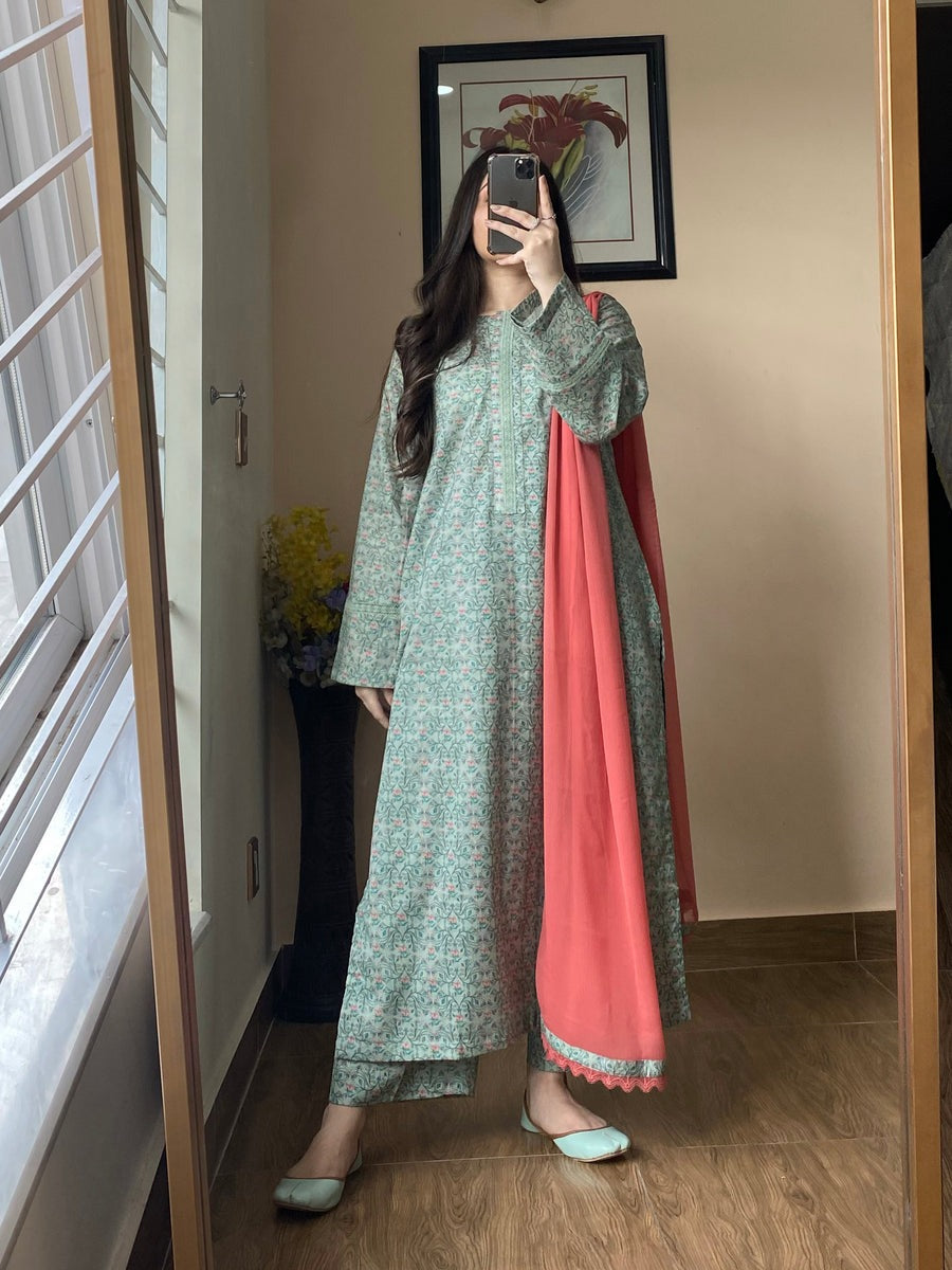 3 Piece - Lawn Printed Cambridge Blue Dress 055
