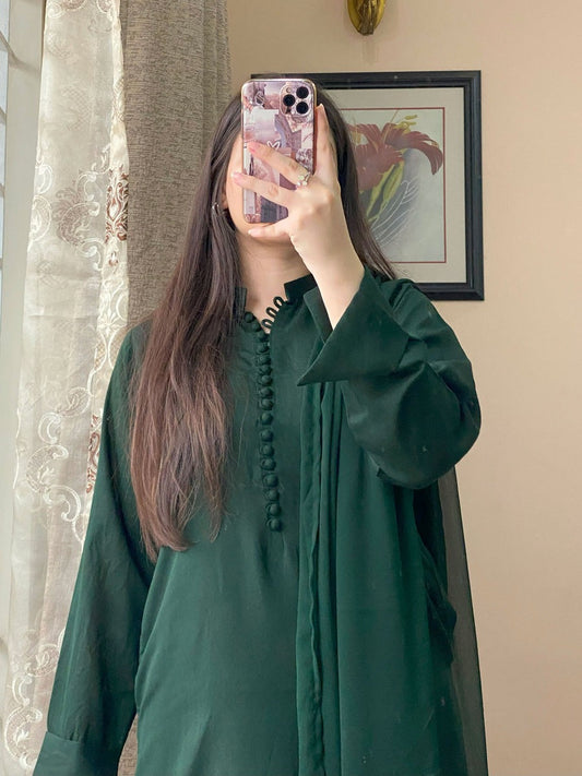 3 PIECE – Lawn OLIVE GREEN DRESS-057