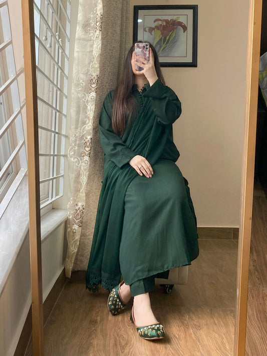 3 PIECE – Lawn OLIVE GREEN DRESS-057