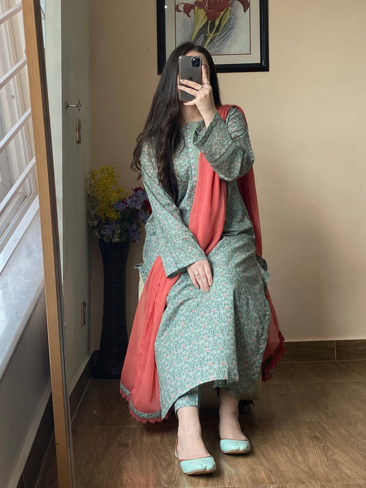 3 Piece - Lawn Printed Cambridge Blue Dress 055