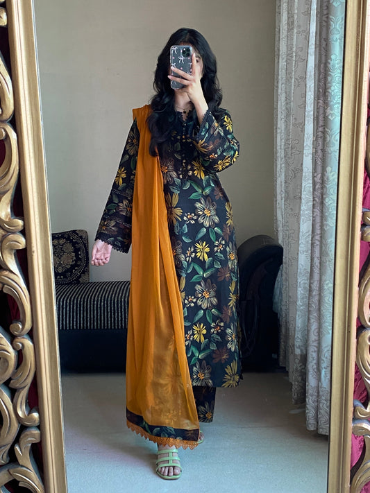 3 Piece -Bana Dora Lawn Stitched Dress - 051