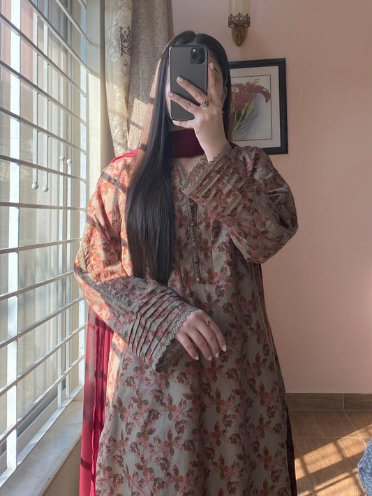 3 Piece - Lawn Printed Dress - 058
